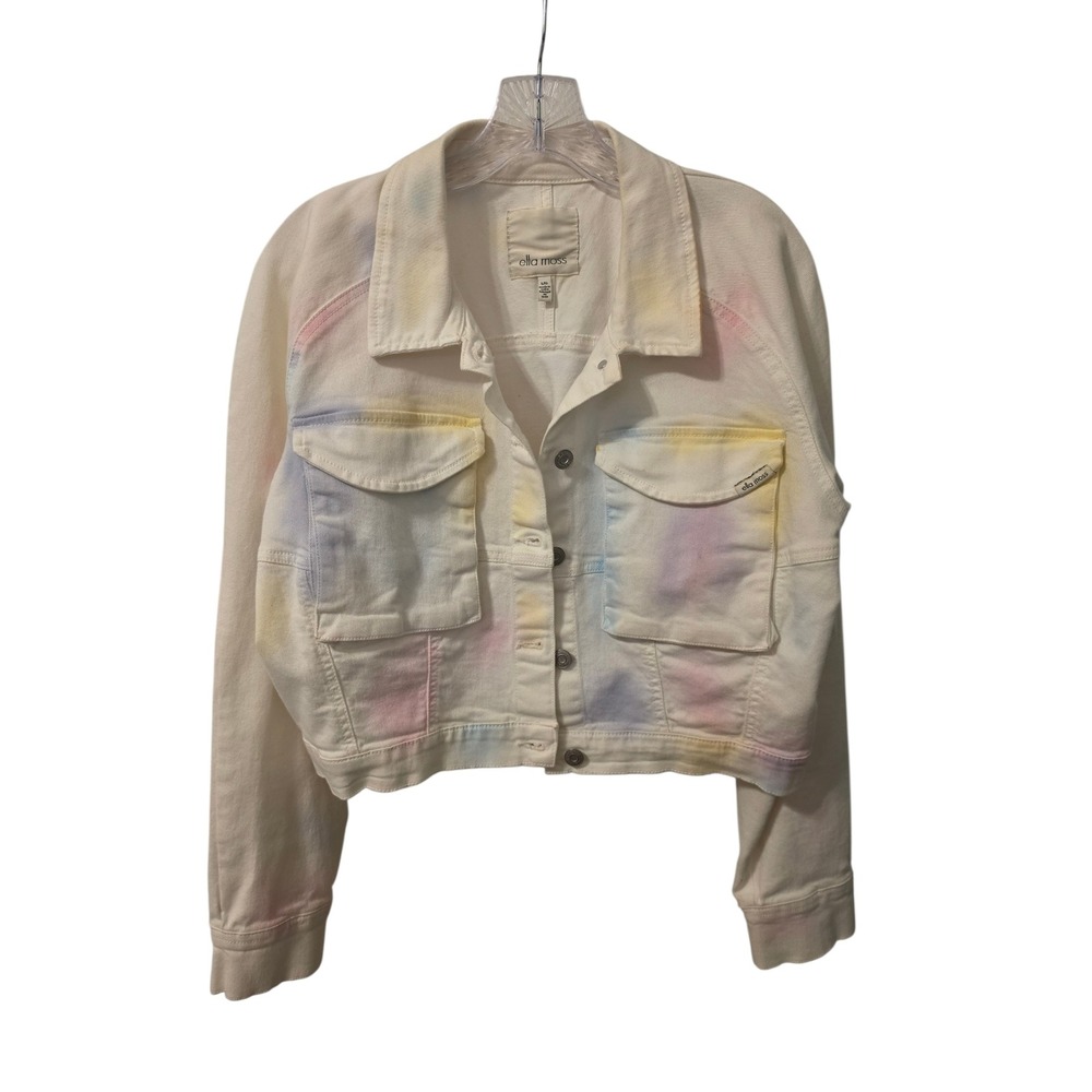 Ella Moss Womens Pastel Tie Dye Cropped Denim Jacket White Blue Pink Yellow LG